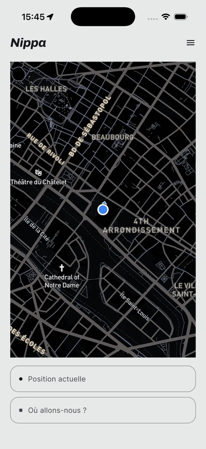 L'écran de commande de Nippa : une carte de Paris, le point de départ et le champ de destination.